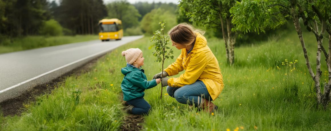 Mor og søn planter skov ved Movia busrute